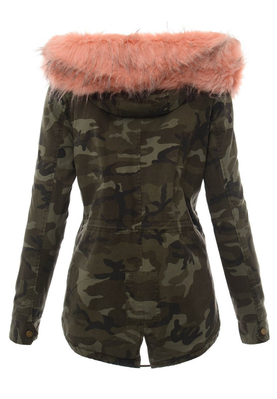 Damska Kurtka Parka Przejściowa Moro z Różowym Futerkiem