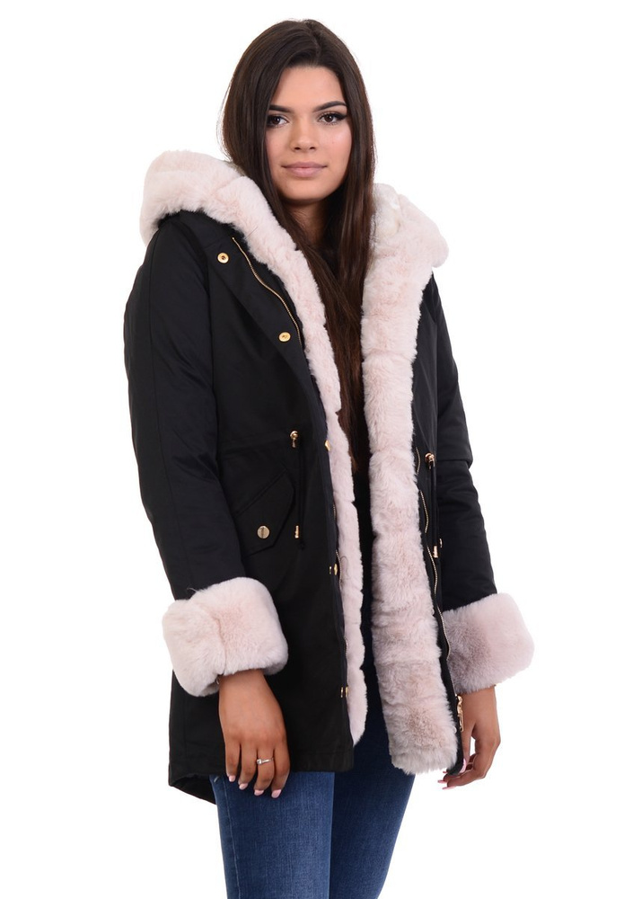 Parka Zimowa 2w1 Czarna Z Futerkiem Ecru