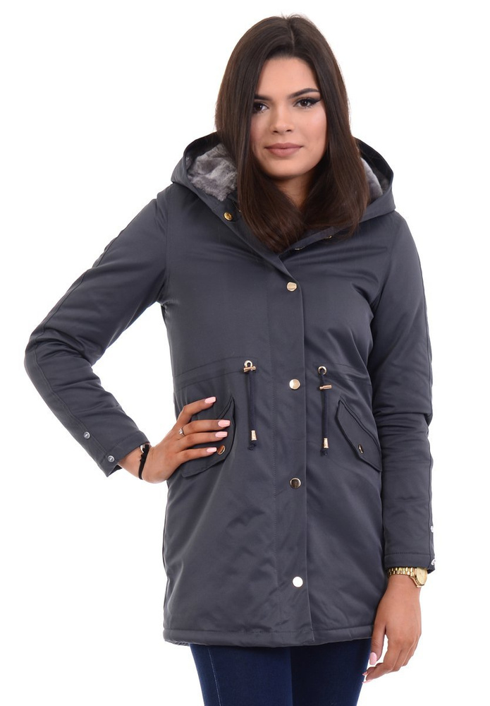 Damska Kurtka Parka Zimowa Wanessa Grafitowa Z Szarym Futerkiem