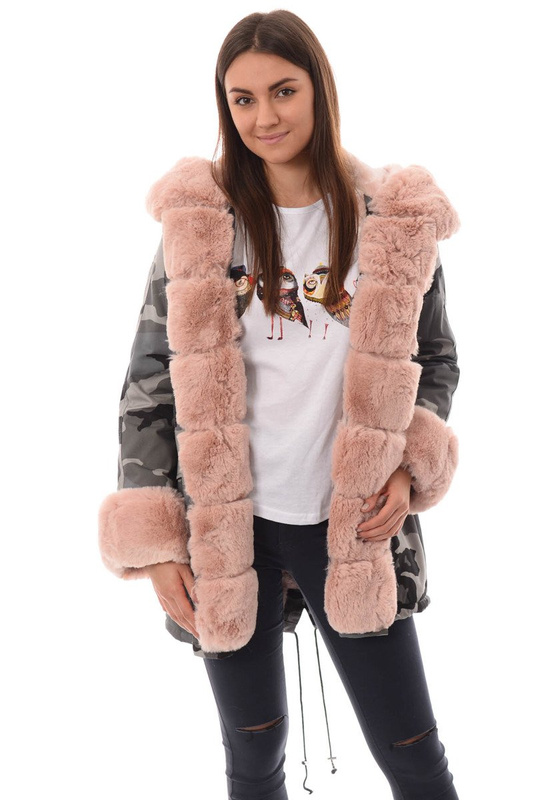 Damska Parka Kurtka Moro Szara Z Różowym Futerkiem