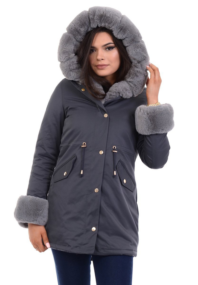 Damska Kurtka Parka Zimowa Wanessa Grafitowa Z Szarym Futerkiem
