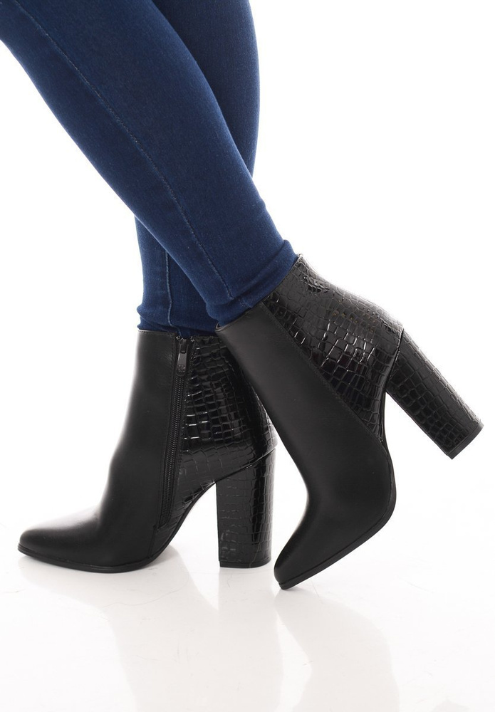 Botki Na Obcasie Skóra Węża Czarne