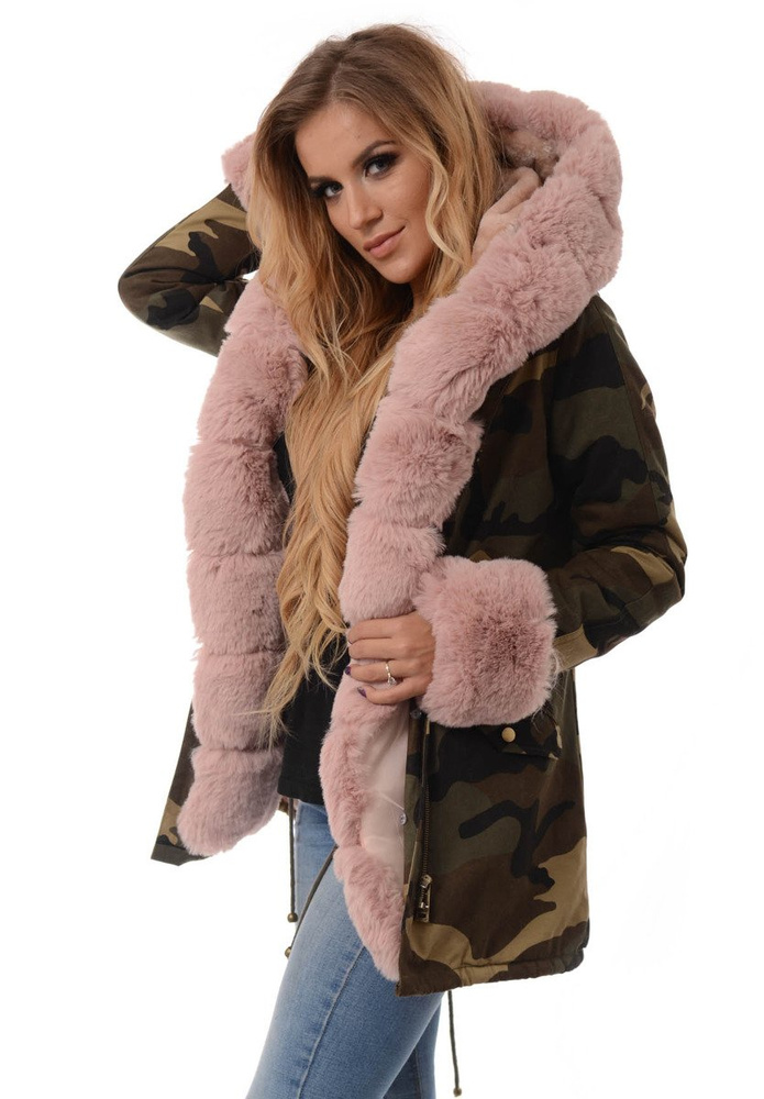 Damska Kurtka Parka Zimowa Moro z Różowym Futerkiem