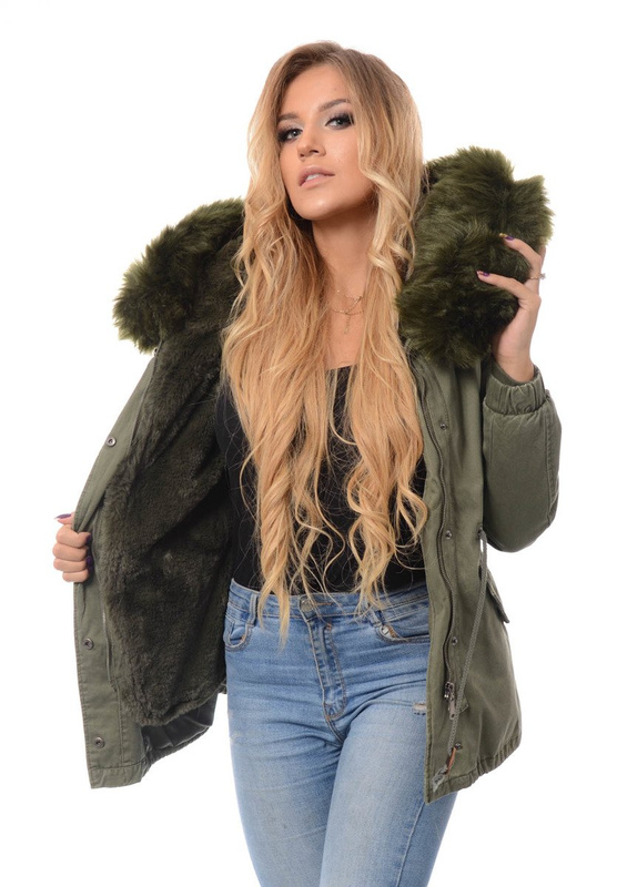 Damska Kurtka Parka Zimowa 2w1 Dominika Zielona z Zielonym Futerkiem