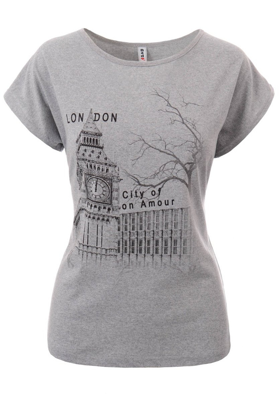 Damska Koszulka Krótki Rękaw T-Shirt Nadruk London Szara