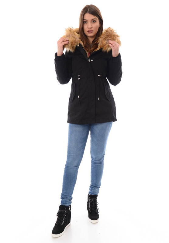 Piękna Damska Kurtka Parka 2w1 Emilia Czarna z Brązowym Futerkiem