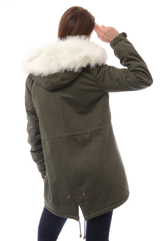 Piękna Damska Kurtka Parka Iwet Zielona z Białym Futerkiem