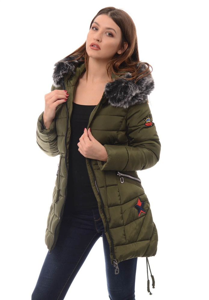 Damska Długa Zimowa Kurtka Ortalionowa Daga Zielona