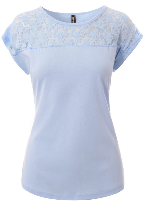 Damska Koszulka Krótki Rękaw T-Shirt Koronka Błękitna