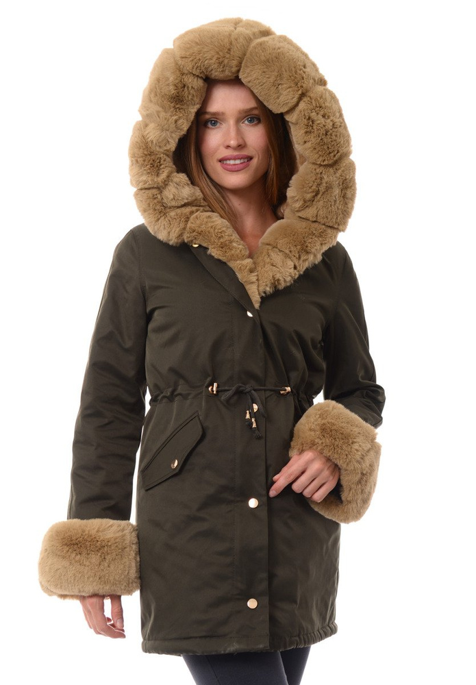 Kurtka Patrycja Khaki Z Beżowym Futerkiem