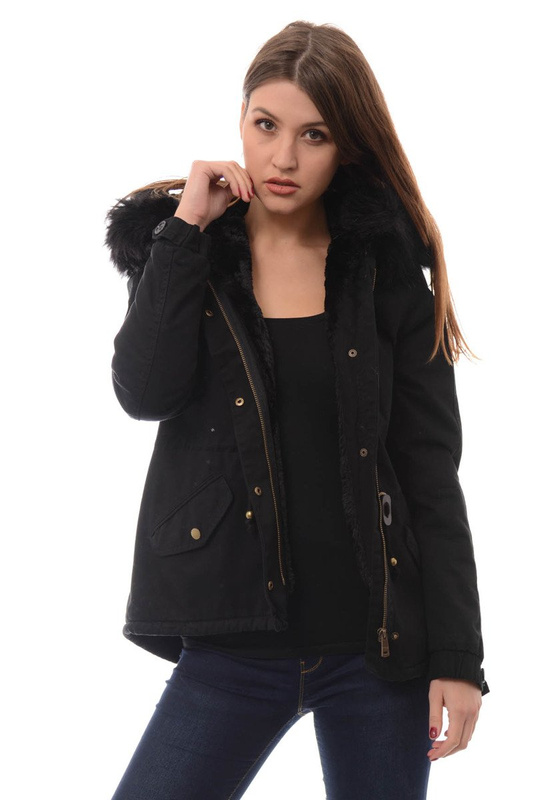 Piękna Damska Kurtka Parka Lora Czarna z Czanym Futerkiem