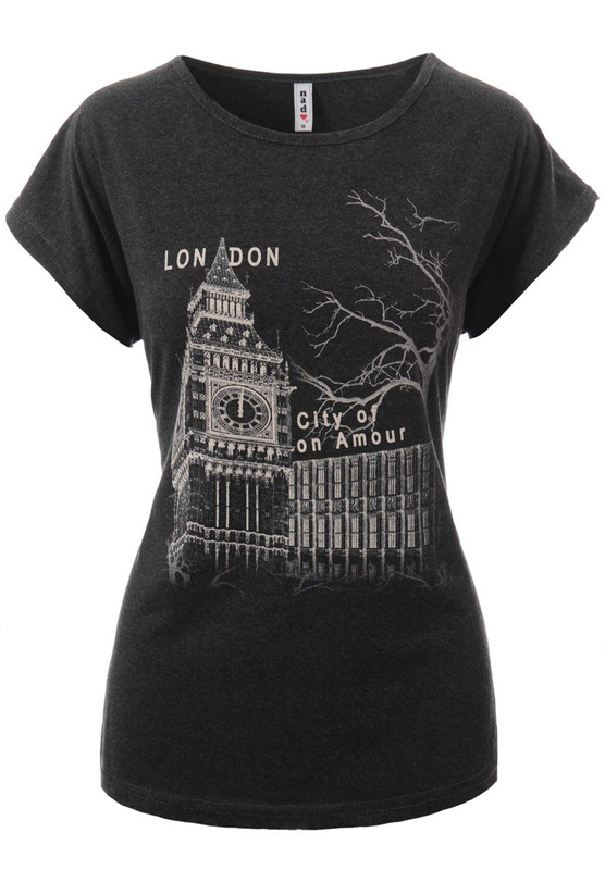 Damska Koszulka Krótki Rękaw T-Shirt Nadruk London Ciemno Szara
