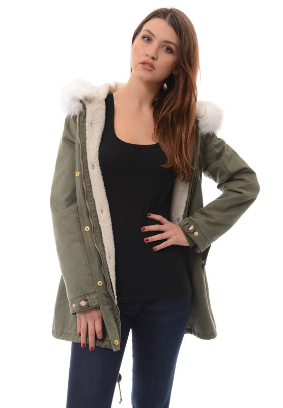 Damska Kurtka Parka Zimowa 2w1 Zielona z Białym Futerkiem