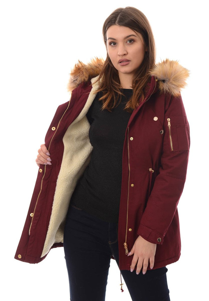 Damska Bawełniana Zimowa Kurtka Parka Bordowa
