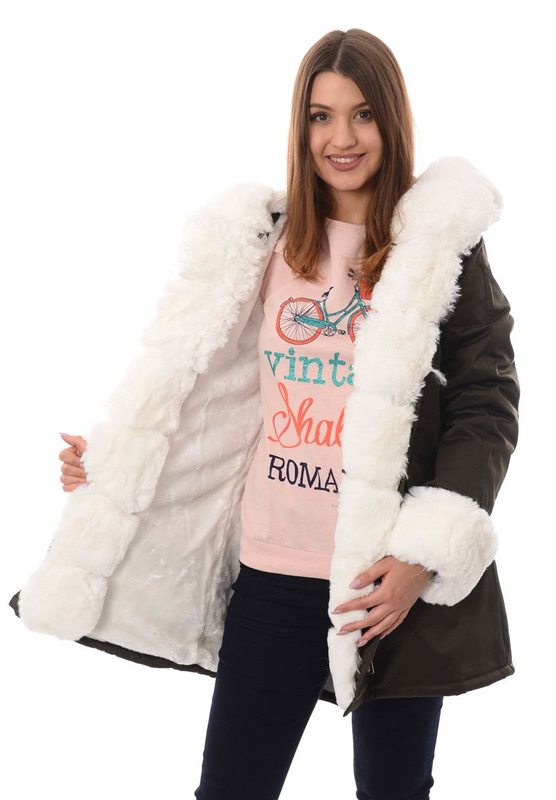 Damska Kurtka Parka Zimowa Patrycja Zielona Z Białym Futrem