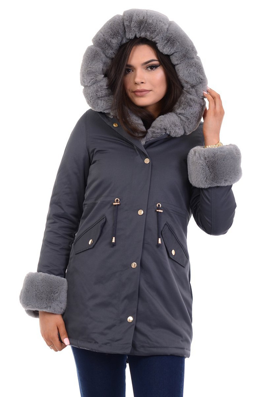 Damska Kurtka Parka Zimowa Wanessa Grafitowa Z Szarym Futerkiem