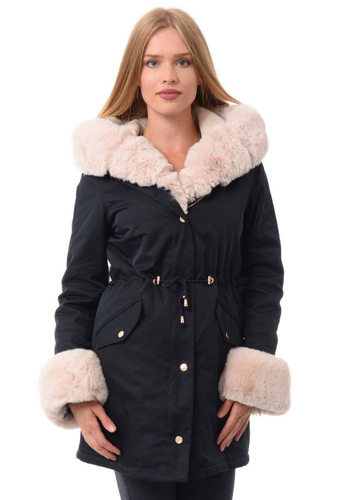 Damska Kurtka Parka Zimowa Patrycja Granatowa Z Futerkiem Ecru