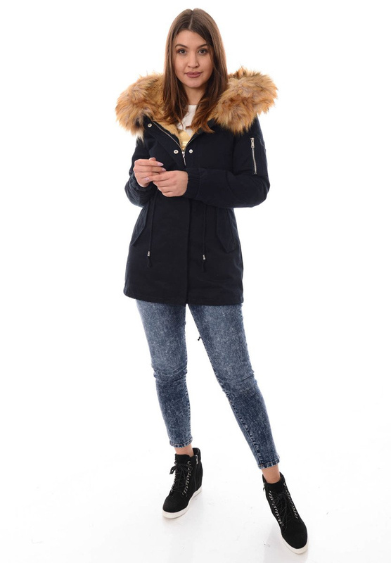 Piękna Damska Kurtka Parka 2w1 Emilia Granatowa z Brązowym Futerkiem