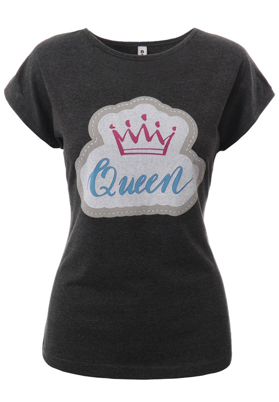 Damska Koszulka Krótki Rękaw T-Shirt Nadruk Queen Korona Ciemno Szara