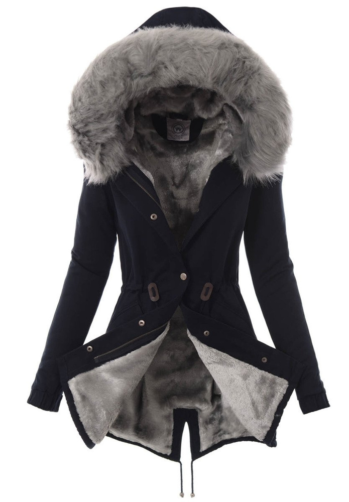 Piękna Damska Kurtka Parka Iwet Ciemno Granatowa Z Szarym Futerkiem