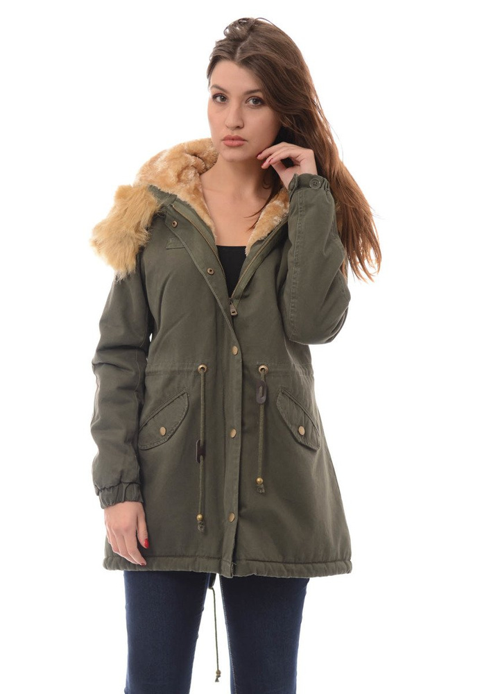 Piękna Damska Kurtka Parka Iwet Zielona Z Brązowym Futerkiem