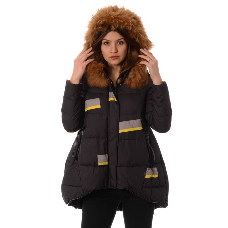 Puchowa Kurtka Zimowa Naturalne Futro Czarna