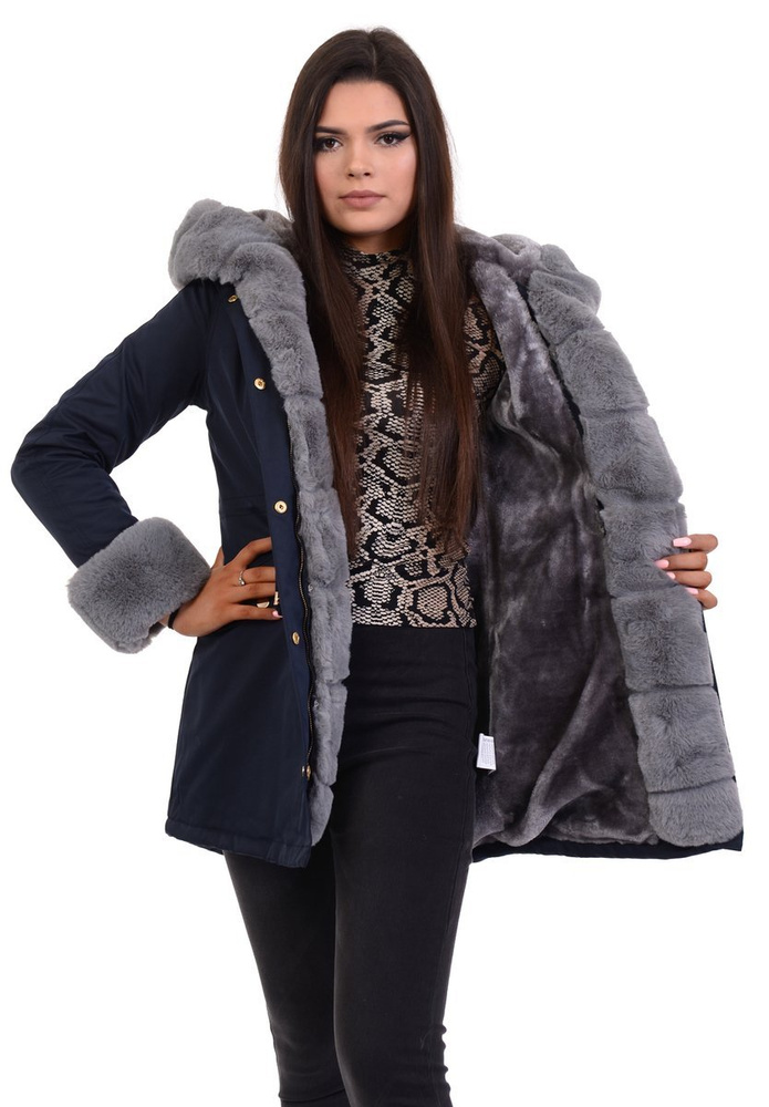 Damska Kurtka Parka Zimowa Wanessa Granatowa Z Szarym Futerkiem