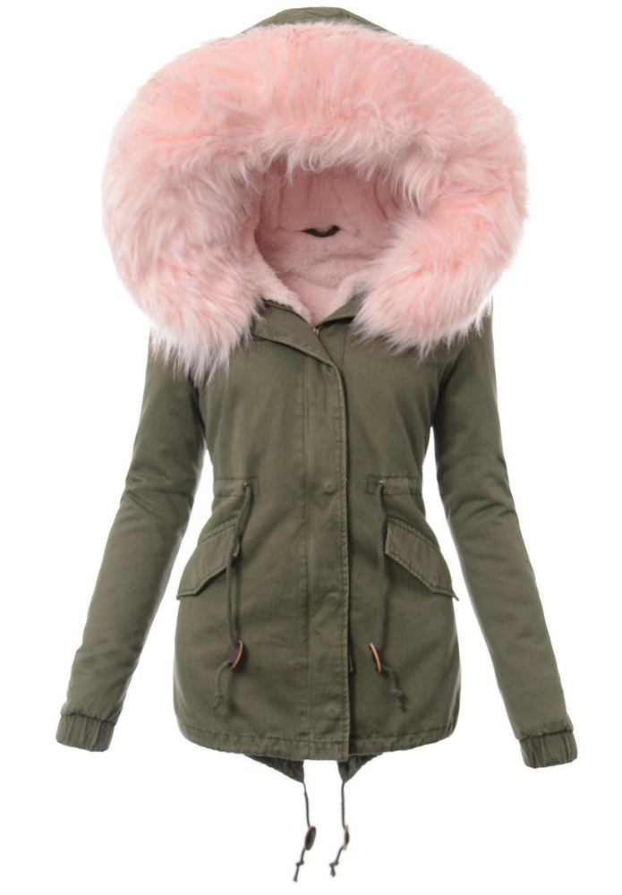 Damska Kurtka Parka Zimowa 2w1 Dominika Zielona z Różowym Futerkiem