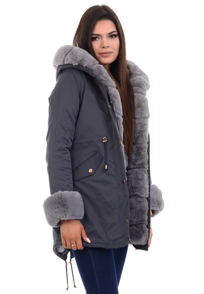 Damska Kurtka Parka Zimowa Wanessa Grafitowa Z Szarym Futerkiem
