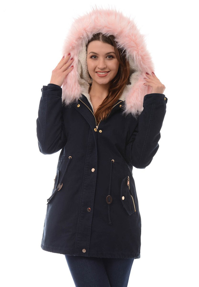 Damska Kurtka Parka Zimowa 2w1 Granatowa Z Różowym Futerkiem