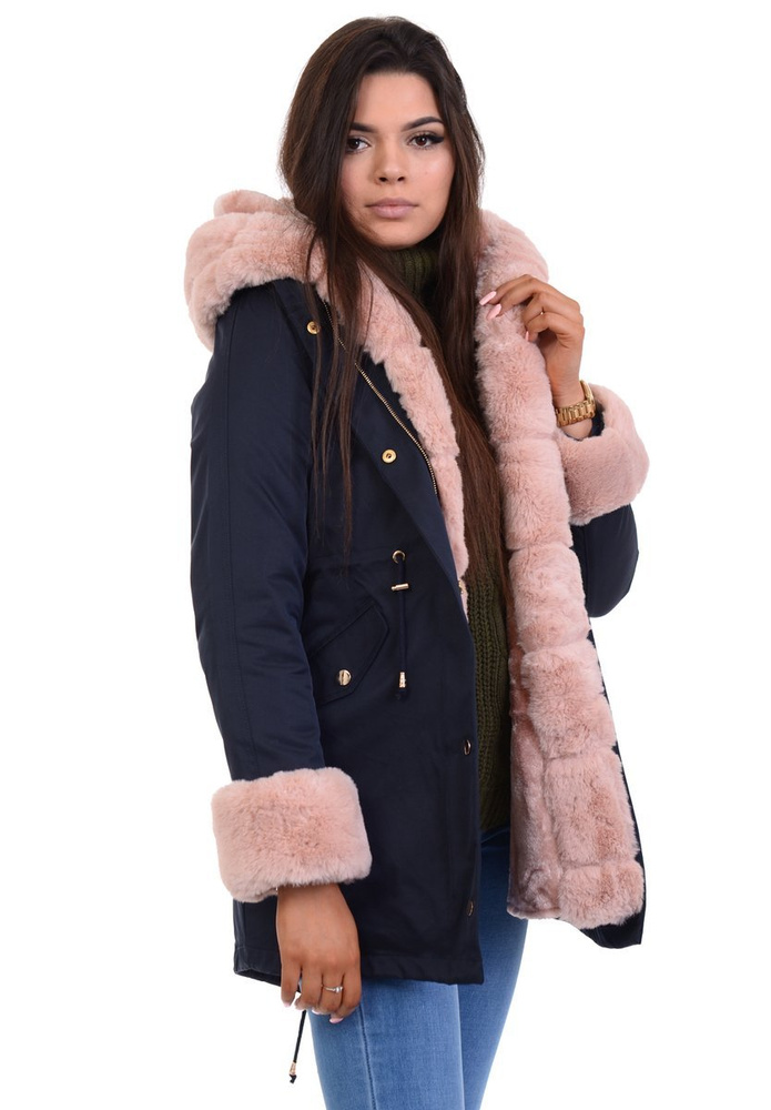 Parka Zimowa 2w1 Granatowa Z Różowym Futerkiem