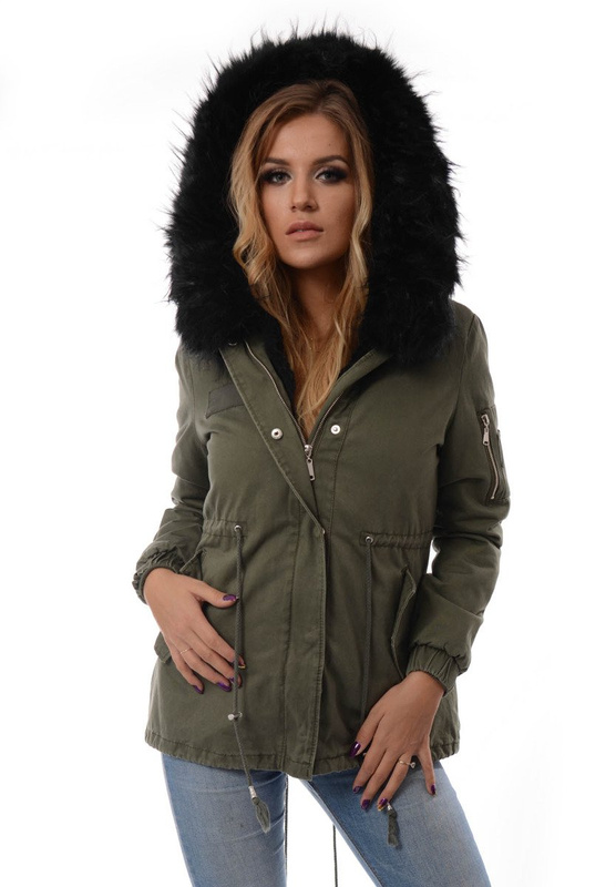 Damska Kurtka Parka Zimowa 2w1 Edyta Zielona z Czarnym Futerkiem