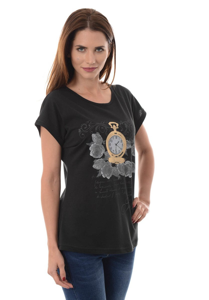 Damska Koszulka Krótki Rękaw Nadruk Zegar Czarna