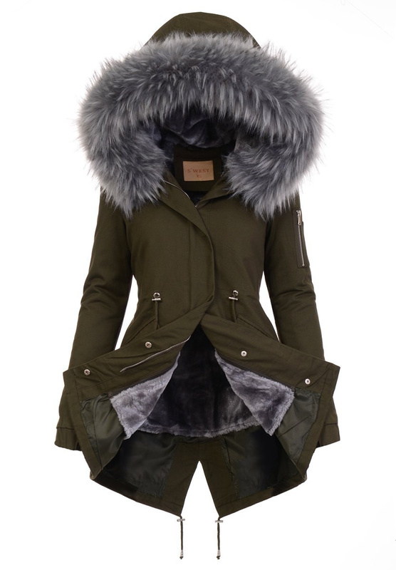 Damska Kurtka Parka 2w1 Emilia Khaki z Szarym Futerkiem