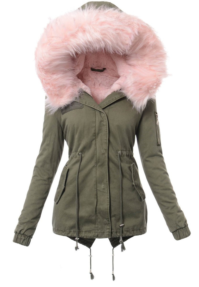 Damska Kurtka Parka Zimowa 2w1 Edyta Zielona z Różowym Futerkiem