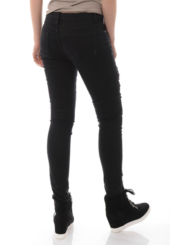 Damskie Spodnie Jeansy Rurki Przetarcia Czarne