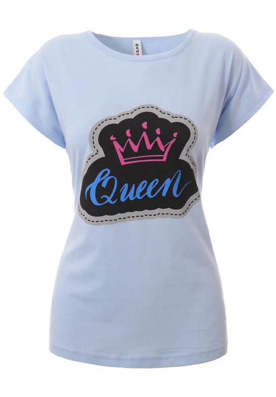 Damska Koszulka Krótki Rękaw T-Shirt Nadruk Queen Korona Błękitna