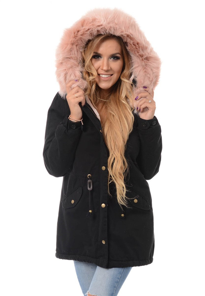 Piękna Damska Kurtka Parka Iwet Czarna z Różowym Futerkiem