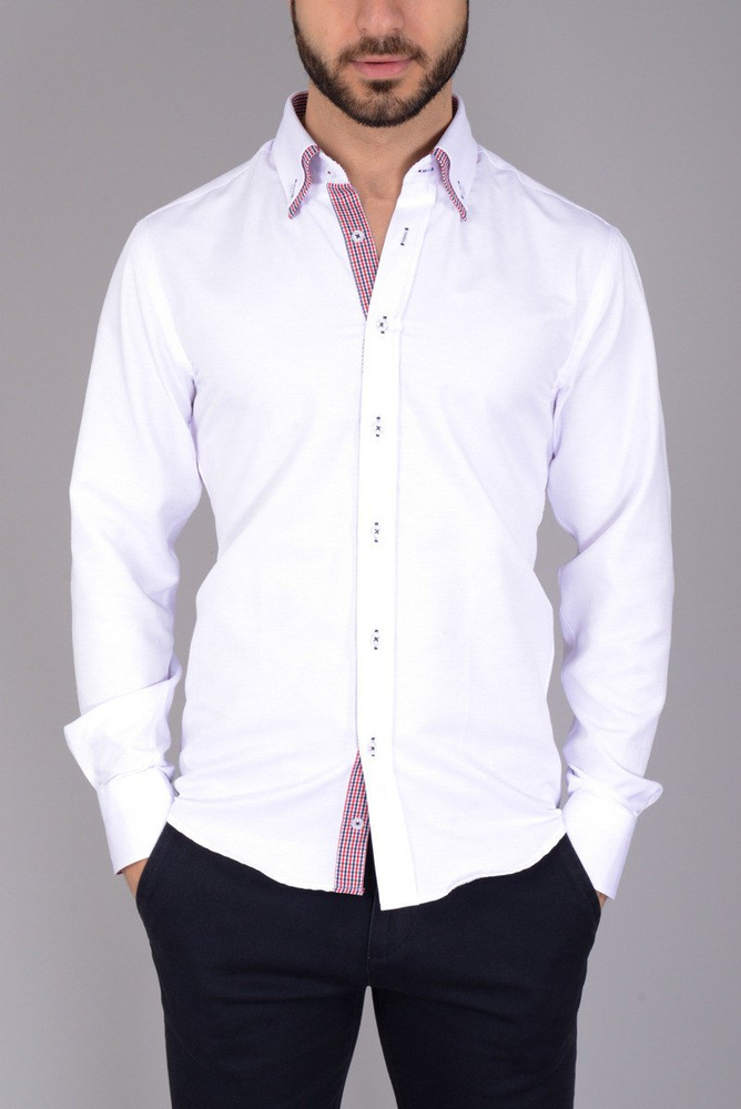 Męska Koszula Podwójny Kołnierz Biała