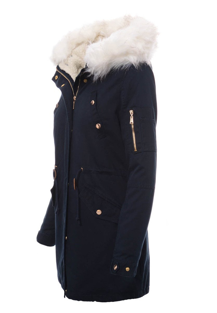 Damska Kurtka Parka Zimowa 2w1 Mila Granatowa Z Białym Futerkiem