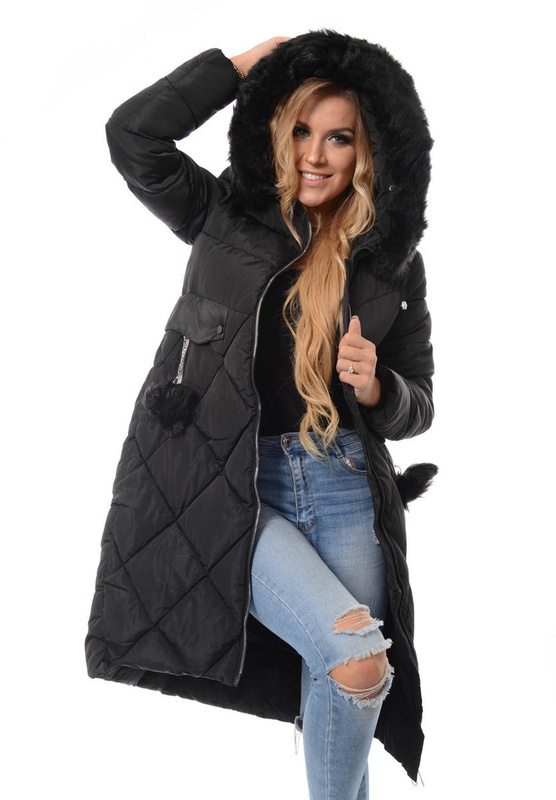 Damska Długa Zimowa Kurtka Ortalionowa Czarna