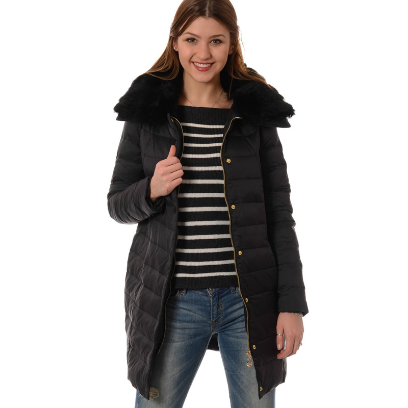 Puchowa Damska Zimowa Kurtka Naturalne Futro Sonia Czarna