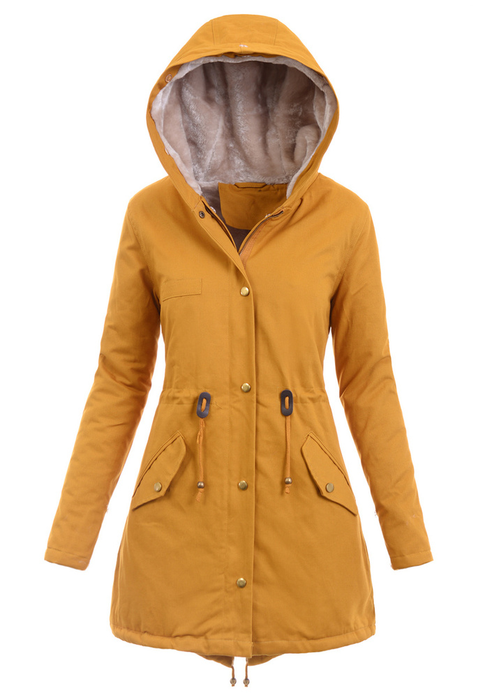 Piękna Damska Kurtka Parka Estera Żółta z Futerkiem Ecru