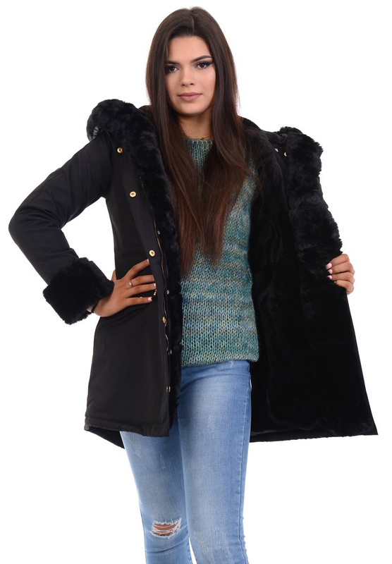 Damska Kurtka Parka Zimowa Wanessa Czarna Z Czarnym Futerkiem