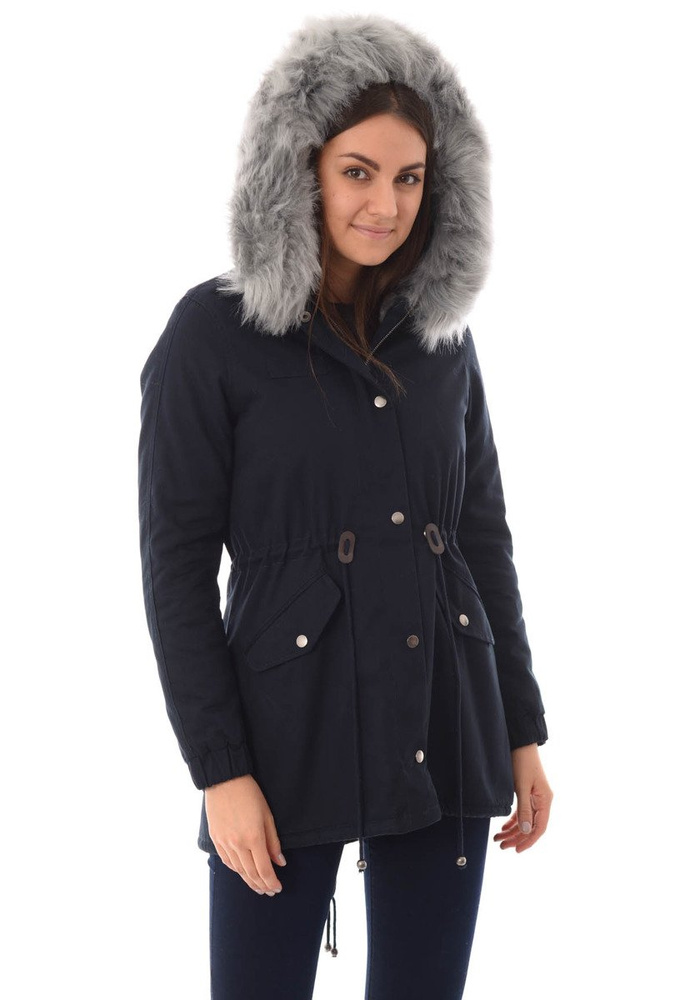 Piękna Damska Kurtka Parka Iwet Ciemno Granatowa Z Szarym Futerkiem