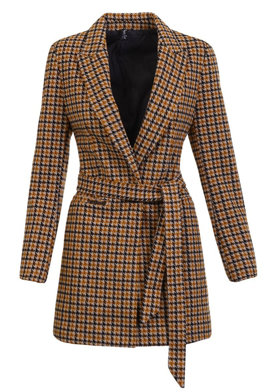 Dzianinowy Płaszcz Wiosenno- Jesienny Pepitka Miodowy