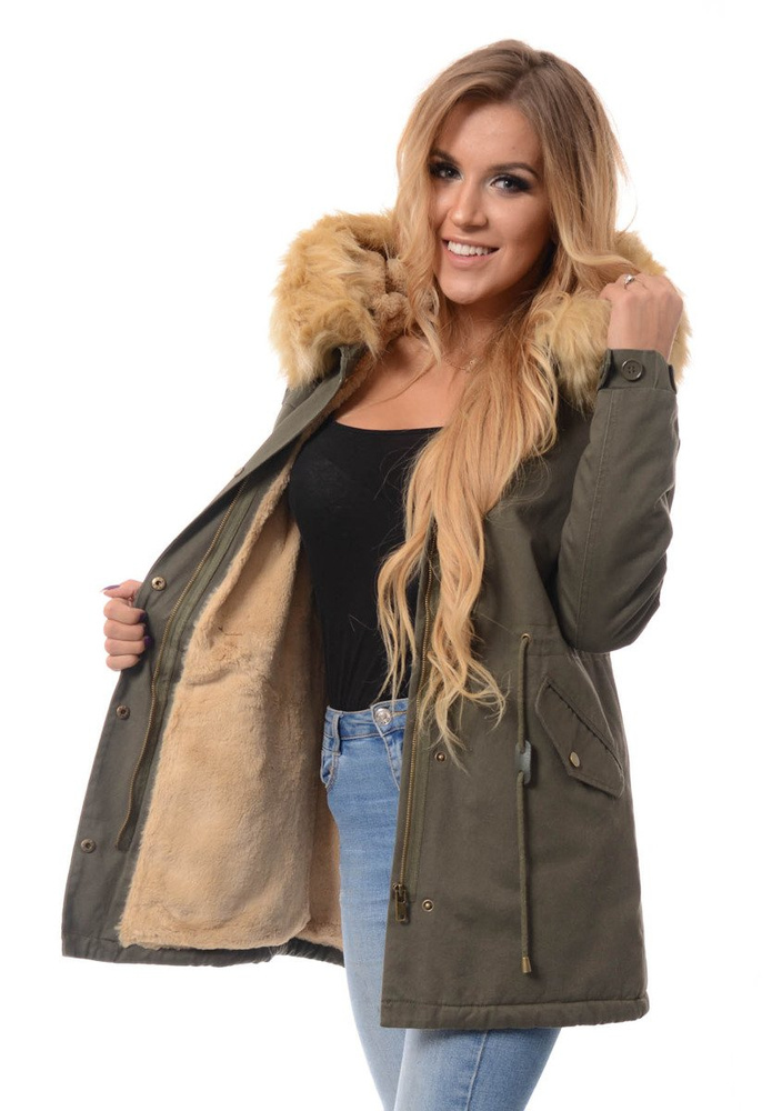 Piękna Damska Kurtka Parka Zielona ze Złotym Futerkiem