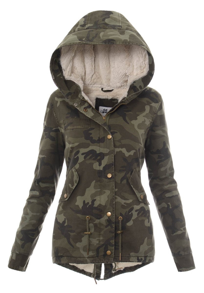 Damska Kurtka Parka Przejściowa Moro z Białym Futerkiem