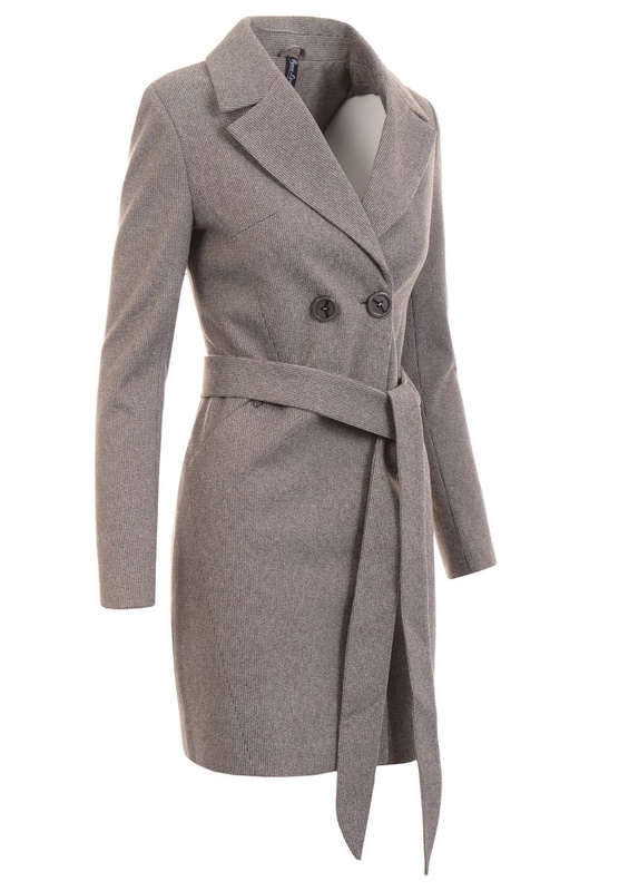 Dzianinowy Brązowy Płaszcz W Kartę Wiosenno - Jesienny Bogumiła