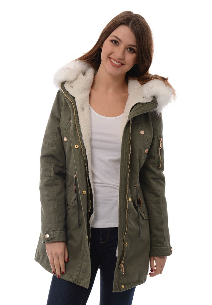 Damska Kurtka Parka Zimowa 2w1 Mila Zielona z Białym Futerkiem